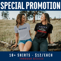 MerchBlue special t-shirt promotion, get 10 or more shirts for $12 each